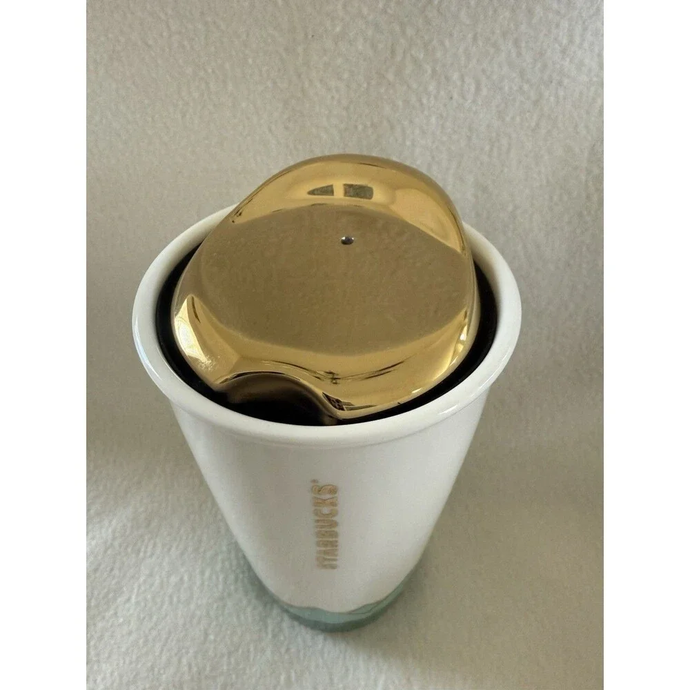 2014 Starbucks Hot Air Balloon Ceramic Coffee Tumbler Travel Gold Lid 12oz Dot